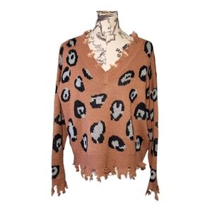 La Miel Women's S/M Medium Small Tan Beige Leopard Print Soft V Neck Sweater